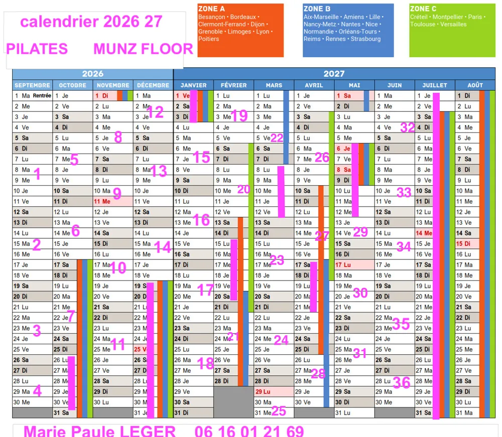 Calendrier annuel 2026-2027 des 36 séances de Pilates, de septembre à juillet, avec les vacances scolaires des zones A, B et C